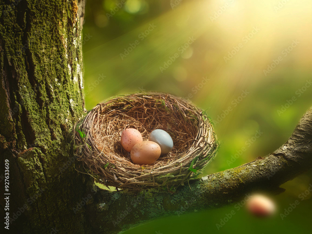 A nest with eggs on a tree branch in the forest A nest with eggs on a tree branch in the forest