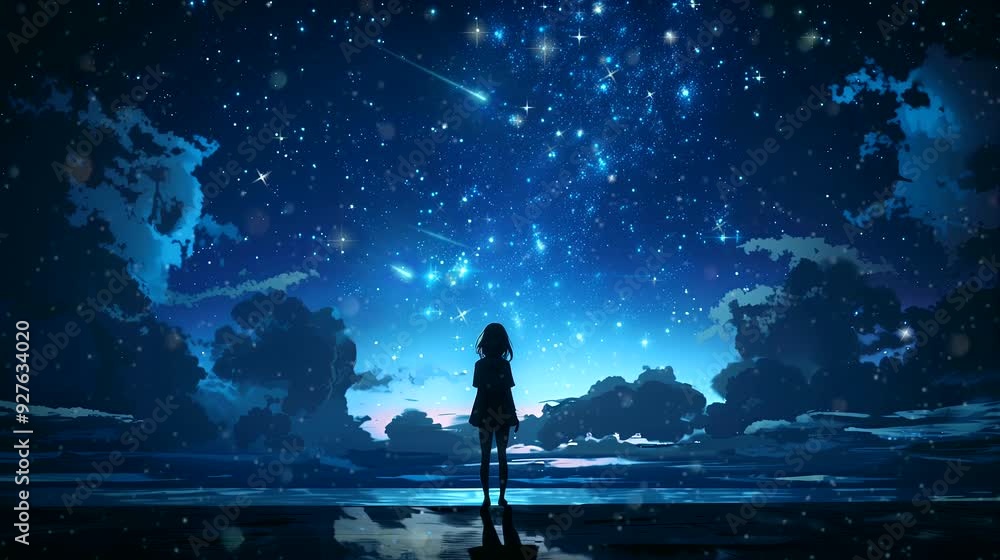A silhouette girl looks at the starlit sky . Anime or digital painting style, looping 4k video animation background A silhouette girl looks at the starlit sky . Anime or digital painting style, looping 4k video animation background