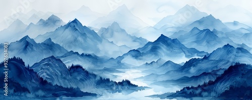 Abstract mountain range with a misty valley in watercolor.