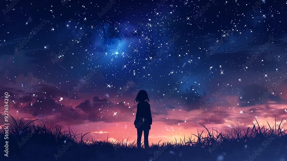 A silhouette girl looks at the starlit sky . Anime or digital painting style, looping 4k video animation background A silhouette girl looks at the starlit sky . Anime or digital painting style, looping 4k video animation background