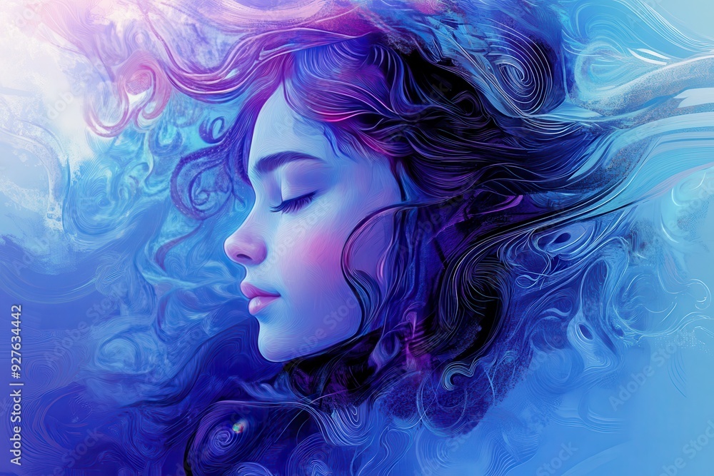 Fototapeta premium Abstract Woman Portrait with Blue and Purple Swirls and Lines.