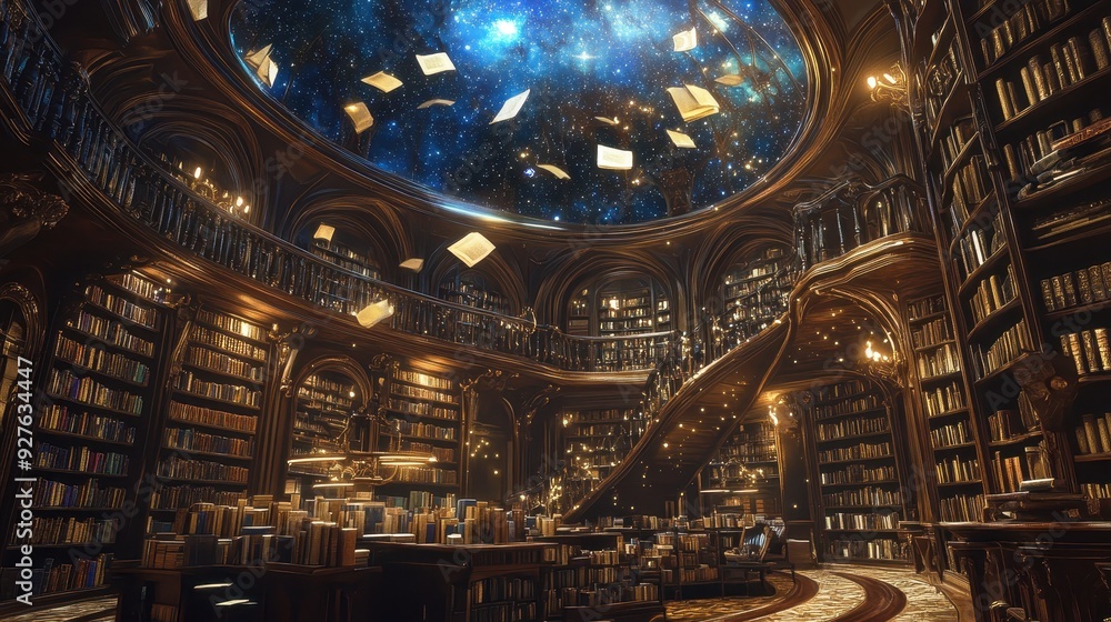 Obraz premium Enchanting Library Interior with Books Floating in a Starry Night Sky Ceiling.