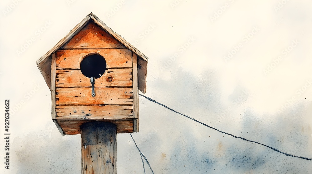 Weathered Wooden Birdhouse Nailed to Telephone Pole in Rural Countryside Weathered Wooden Birdhouse Nailed to Telephone Pole in Rural Countryside