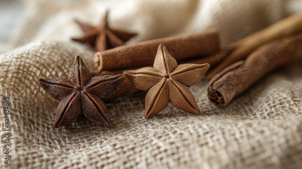 Three dried star-shaped spices on a cloth, showcasing their natural beauty and rustic charm, perfect for a cozy kitchen atmosphere. Three dried star-shaped spices on a cloth, showcasing their natural beauty and rustic charm, perfect for a cozy kitchen atmosphere.