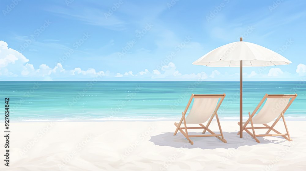 Two beach chairs are set up on the beach under a white umbrella Two beach chairs are set up on the beach under a white umbrella