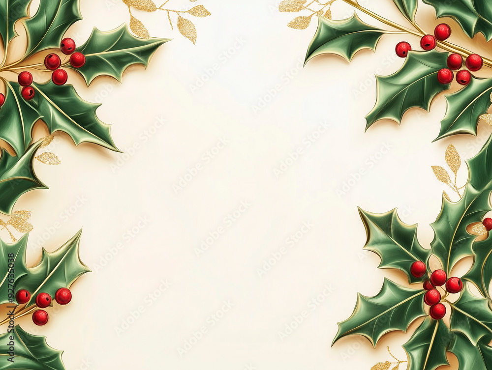 Fototapeta premium Festive Christmas holly leaves with red berries arranged on a white background, creating a classic holiday border with ample copy space for text