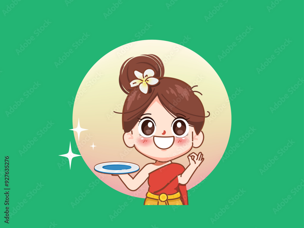 Cute girl in thailand traditional Hand Holding Plate pose logo banner hand drawn cartoon art illustration vector premium. Cute girl in thailand traditional Hand Holding Plate pose logo banner hand drawn cartoon art illustration vector premium.