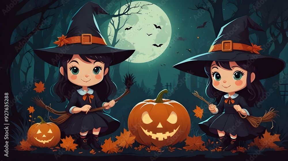 illustration of girls two cute cartoon witches illustration of girls two cute cartoon witches