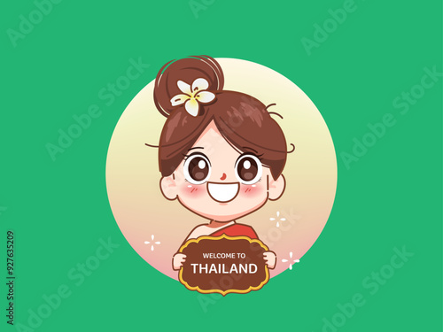 Cute girl in thailand traditional welcome poses logo banner hand drawn cartoon art illustration vector premium.