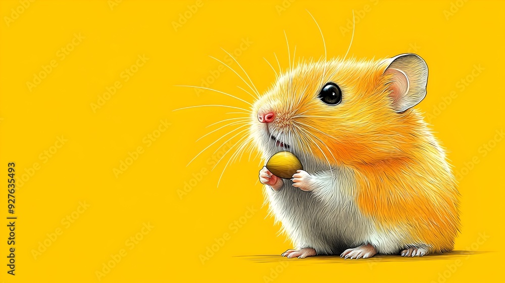 Curious Dwarf Hamster Sniffs and Inspects a Sunflower Seed in Bright Yellow Curious Dwarf Hamster Sniffs and Inspects a Sunflower Seed in Bright Yellow