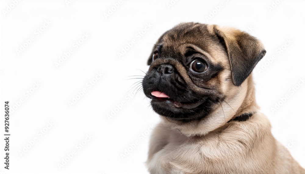 笑顔のパグの子犬のポートレート(Portrait of a smiling Pug puppy on white background)
笑顔のパグの子犬のポートレート(Portrait of a smiling Pug puppy on white background)