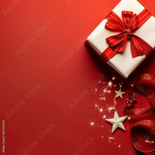 Merry Christmas greeting card with ribbon gift box on red solid color background with copy space. Christmas Card, Merry Christmas with Beautiful gift box