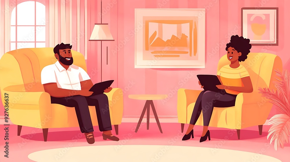 Fototapeta premium A smiling Black man and woman relax in cozy yellow chairs, using tablets in a warm, pink-hued living room, creating a friendly and inviting atmosphere.