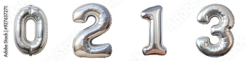 Silver inflatable balloon numbers 0 2 1 3 on a transparent background for celebrations and events photo