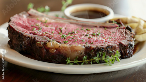 A thick slice of prime rib, with a pink, juicy center and a crust of savory herbs, accompanied by a side of au jus