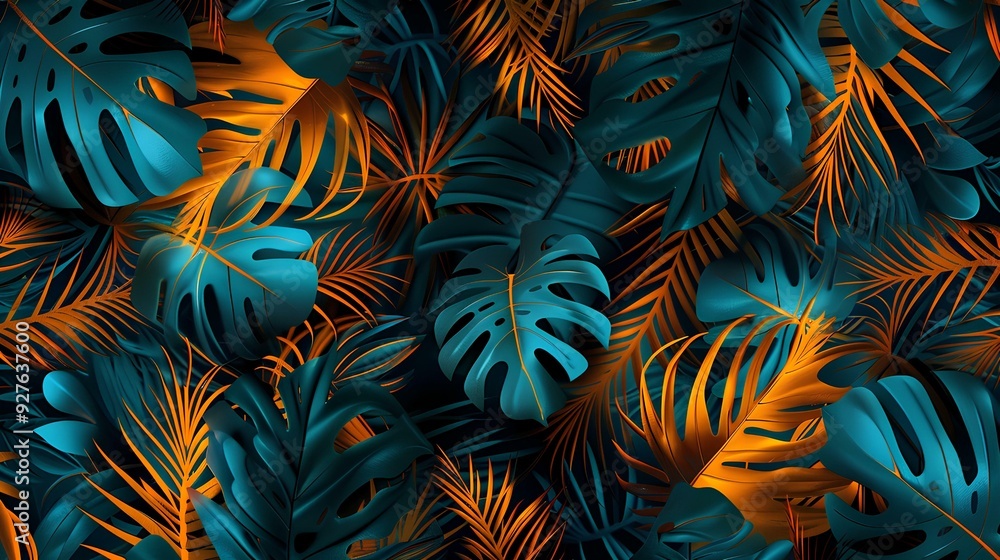tropical leaves in shades of teal and orange, with golden lights reflecting on the foliage, creating an enchanting jungle atmosphere. background dark blue for contrast, with glitter effects tropical leaves in shades of teal and orange, with golden lights reflecting on the foliage, creating an enchanting jungle atmosphere. background dark blue for contrast, with glitter effects