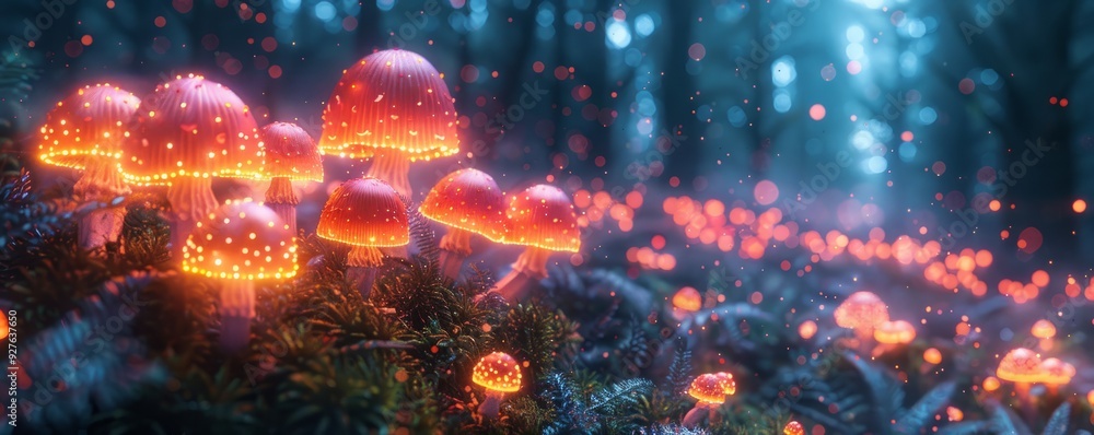 A forest scene with glowing mushrooms A forest scene with glowing mushrooms