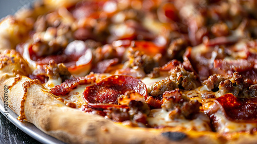 A close-up of a meat loverâs pizza, topped with pepperoni, sausage, and bacon, with melted cheese and a crispy crust photo