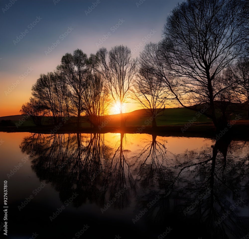 In pitch darkness on the lake with reflection and trees, a full length view of the sunset In pitch darkness on the lake with reflection and trees, a full length view of the sunset