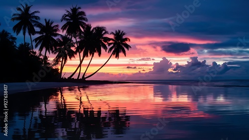 Tropical Paradise with Silhouetted Palm Trees, Vibrant Sunset, and Serene Ocean Reflection at Twilight