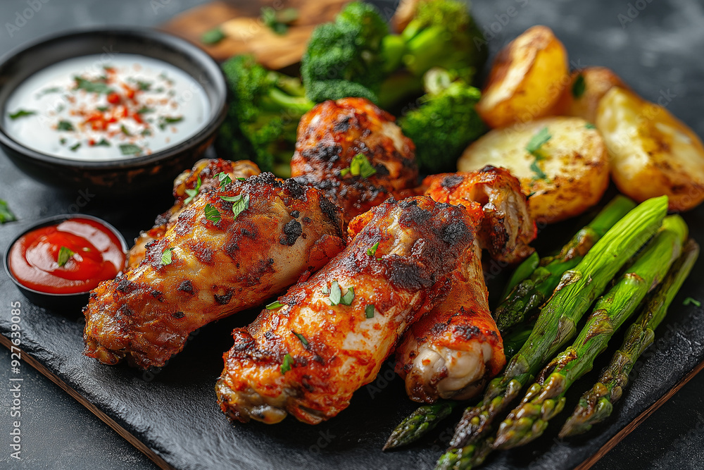 Juicy breaded fried Chicken wings with white sauce and red seasoning powder sprinkled, asparagus, broccoli, potato wedges, ketchup, Image for Menu design of bars, cafes, restaurants