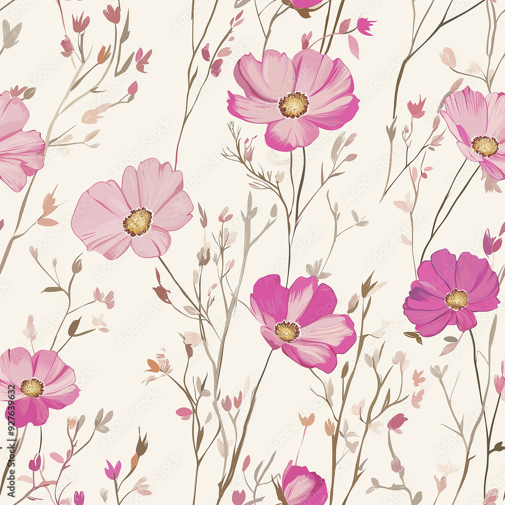 Delicate seamless pattern with pink flowers and thin branches on a light beige background. The soft floral design evokes a gentle and romantic atmosphere. Delicate seamless pattern with pink flowers and thin branches on a light beige background. The soft floral design evokes a gentle and romantic atmosphere.