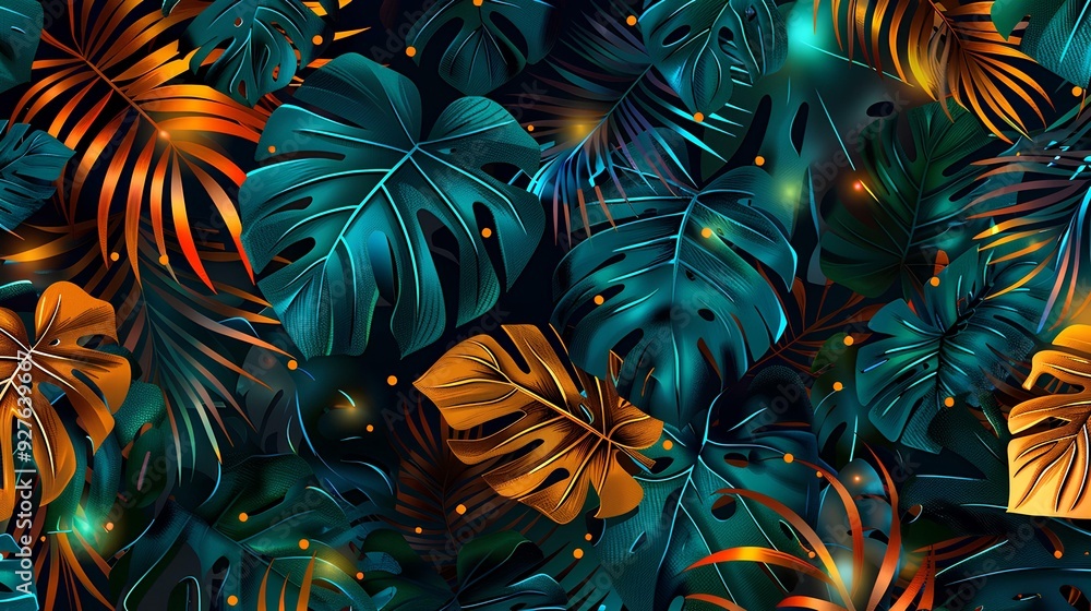 tropical leaves in shades of teal and orange, with golden lights reflecting on the foliage, creating an enchanting jungle atmosphere. background dark blue for contrast, with glitter effects tropical leaves in shades of teal and orange, with golden lights reflecting on the foliage, creating an enchanting jungle atmosphere. background dark blue for contrast, with glitter effects