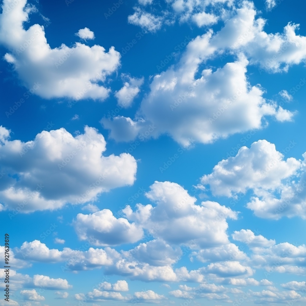 Obraz premium Clear blue sky with scattered fluffy white clouds on a bright sunny day, serene and peaceful atmosphere