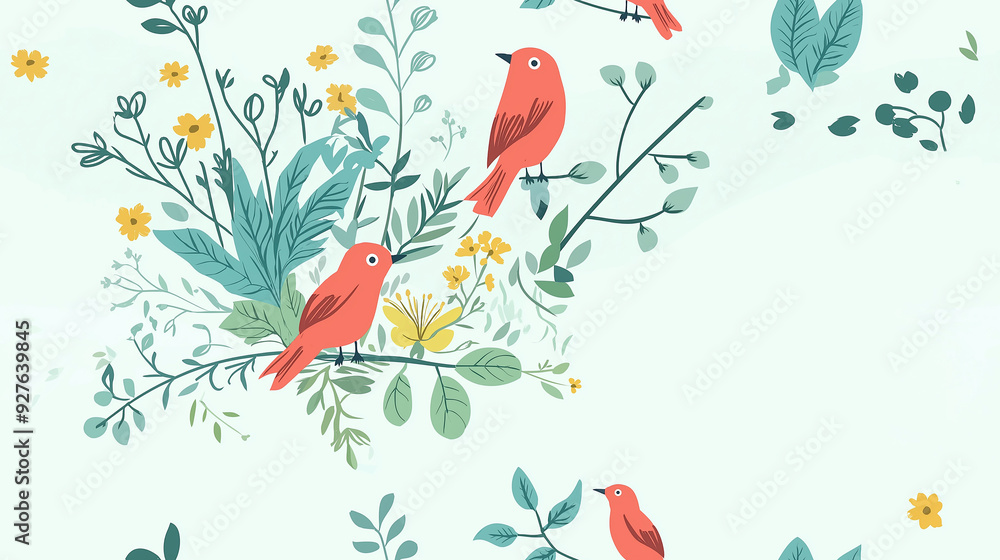 Bird pattern with red birds perched among green leaves and yellow flowers on a light green background, suitable for nature-themed or serene designs. Bird pattern with red birds perched among green leaves and yellow flowers on a light green background, suitable for nature-themed or serene designs.