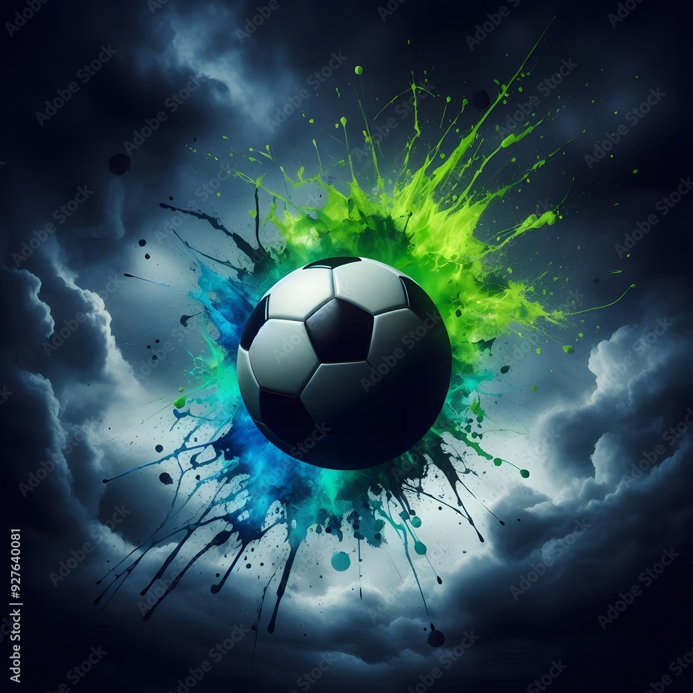 Fototapeta premium Silhouette of a soccer ball with a vibrant green and blue splash, against a dark stormy sky 