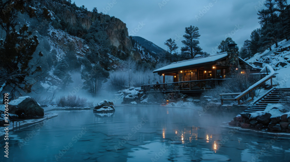 Fototapeta premium The tranquil mountain peak of the cliff edge hot spring in the twilight mountainous area, where the steam white of dusk blends with the rock ash on the mountain, creates a natural paradise for relaxat