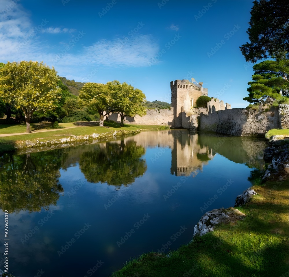 Lake landscape with reflection, shadow, trees and shadows, and a pond visible between the walls of the medieval castle of Portange is very realistic. Lake landscape with reflection, shadow, trees and shadows, and a pond visible between the walls of the medieval castle of Portange is very realistic.
