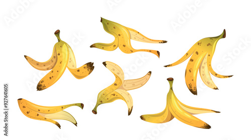Banana Peels, Yellow Bananas Skins with Brown Spots isolated On White Background. Cartoon Vector Vibrant Fun Elements