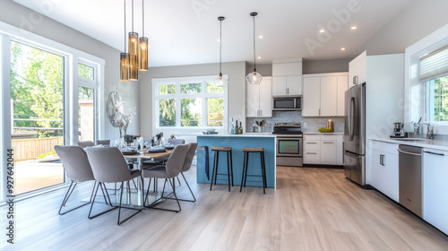 A modern kitchen and dining room with light-colored aqua blue hardwood flooring and large windows. --ar 16:9 --v 6.1 Job ID: 6bcbfe18-0fb4-4e55-a854-181db755f903