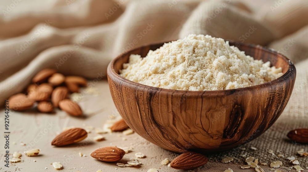 A container of almond flour and almonds with a backdrop of studio clean beige backdrop and a big space for textual or backdrop use a top view and close shot, Generative AI. A container of almond flour and almonds with a backdrop of studio clean beige backdrop and a big space for textual or backdrop use a top view and close shot, Generative AI.