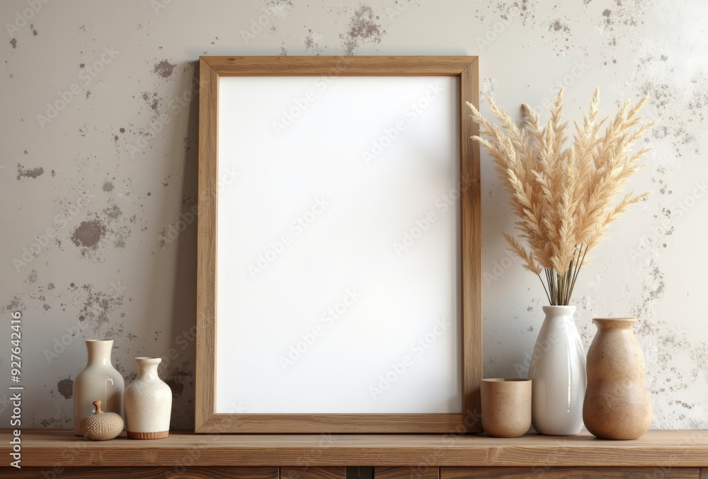 Wooden frame on a wooden table with accessories in BOHO style against a grunge wall background. Mockup Wooden frame on a wooden table with accessories in BOHO style against a grunge wall background. Mockup