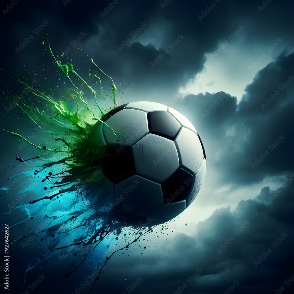 Fototapeta premium Silhouette of a soccer ball with a vibrant green and blue splash, against a dark stormy sky