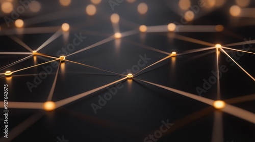 Abstract close-up of glowing nodes and connections on a dark surface, representing the concept of digital networking and data exchange.. photo