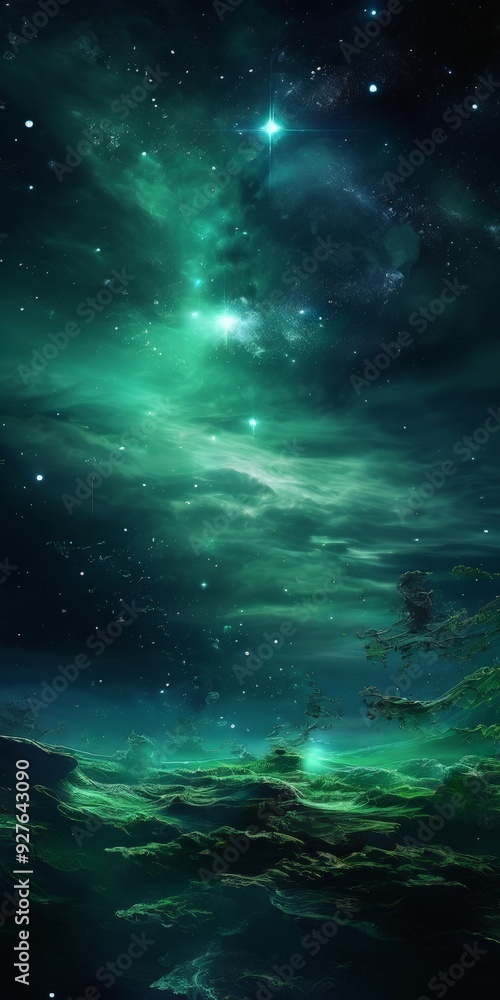 Fototapeta premium green sky with stars and clouds