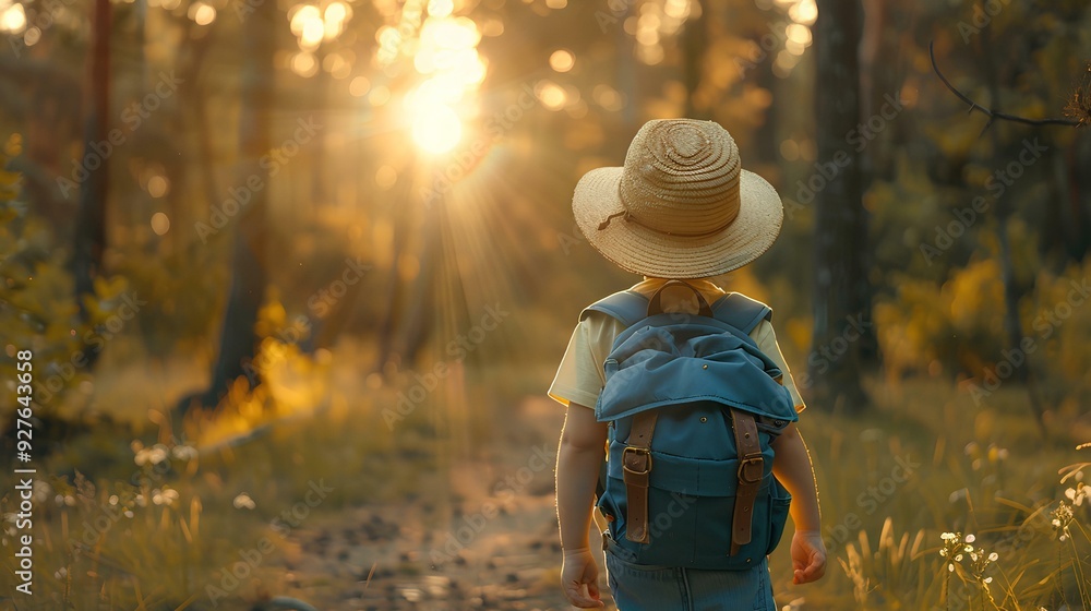 A little boy with a hat and backpack walks along a path in a summer forest at sunset, the child traveling on a nature background. Travel concept for a family trip or school field trip A little boy with a hat and backpack walks along a path in a summer forest at sunset, the child traveling on a nature background. Travel concept for a family trip or school field trip
