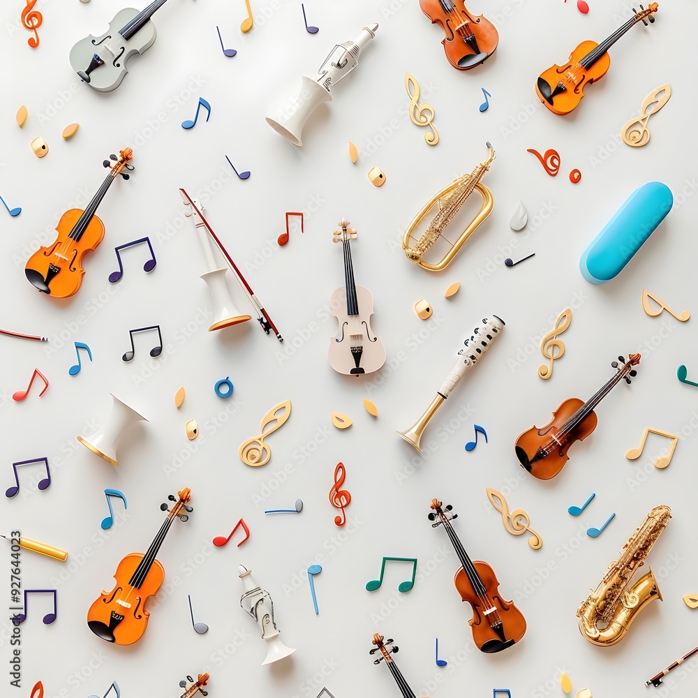 Intricately Woven Music Notes and Instruments on a Crisp White Background Intricately Woven Music Notes and Instruments on a Crisp White Background