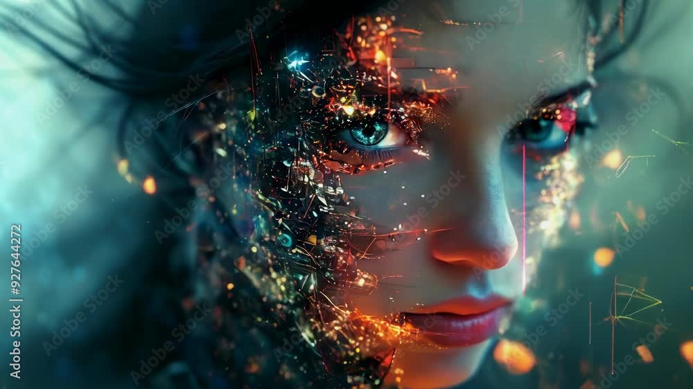 Futuristic Woman with Digital Overlay and Glowing Lights in Close-Up Futuristic Woman with Digital Overlay and Glowing Lights in Close-Up