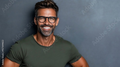 A smiling middle-aged Caucasian man with glasses poses against a dark background, exuding confidence and charisma in a casual green t-shirt.