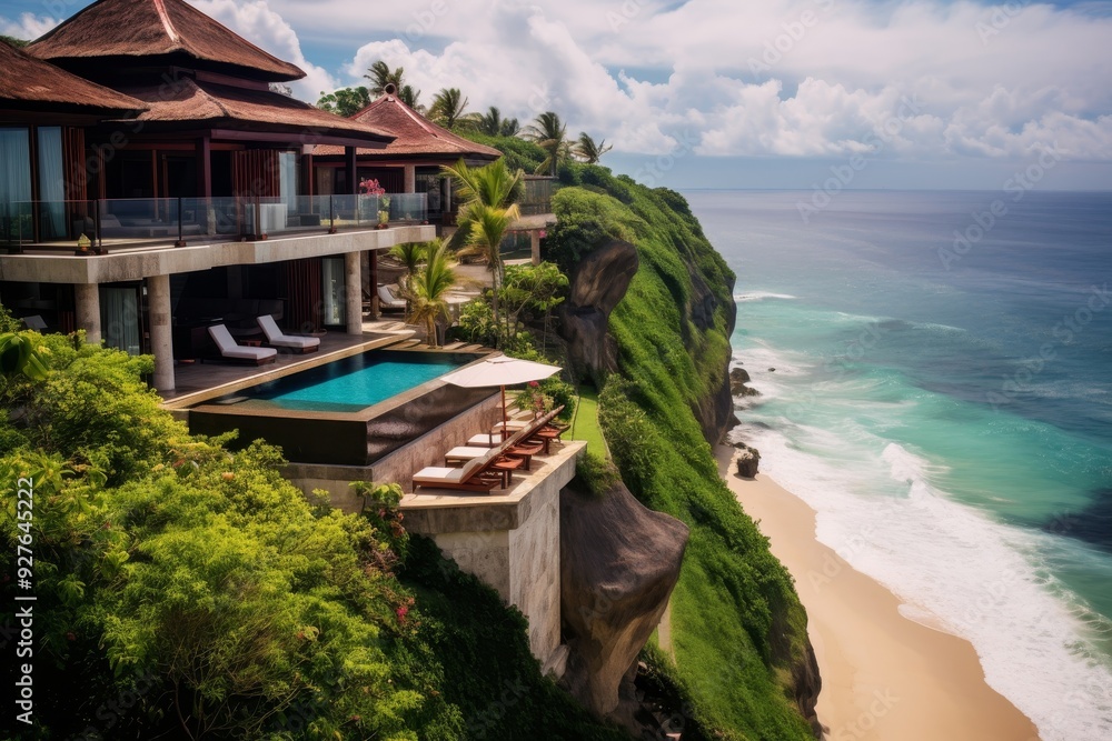 Obraz premium Luxurious cliffside villas with infinity pools overlooking the ocean in tropical paradise settings.