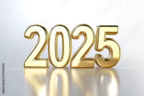 Golden numbers 2025 on a white table with Christmas trees and bokeh lights. Happy New Year 2025 is coming concept.. design for the new year