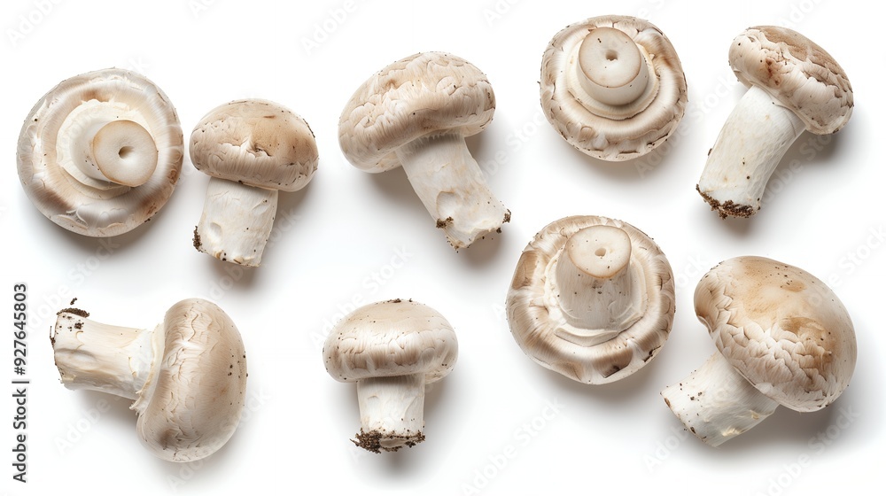 Eight fresh brown mushrooms are isolated on a white background. Eight fresh brown mushrooms are isolated on a white background.