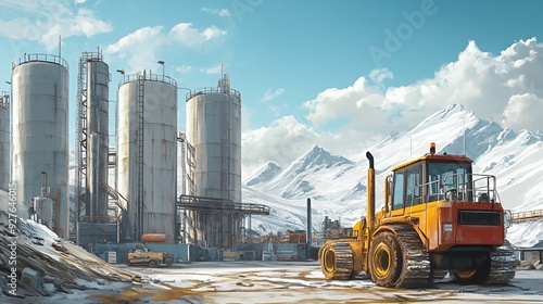 A large, yellow bulldozer sits in front of a large industrial site in a snowy, mountainous region.