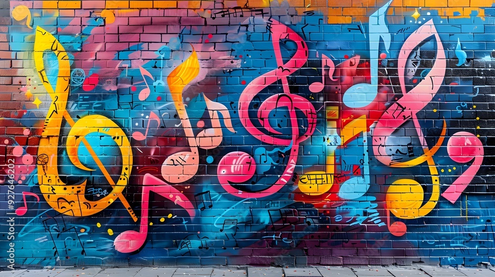 Vibrant Street Art Mural of Music Notes and Urban Elements Capturing the Energy and Diversity of City Music Culture Vibrant Street Art Mural of Music Notes and Urban Elements Capturing the Energy and Diversity of City Music Culture