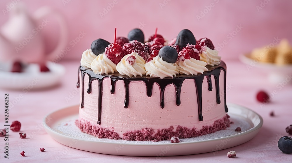 Close up of a pink cake with white frosting and chocolate drizzle topped with fresh berries and grapes. Close up of a pink cake with white frosting and chocolate drizzle topped with fresh berries and grapes.