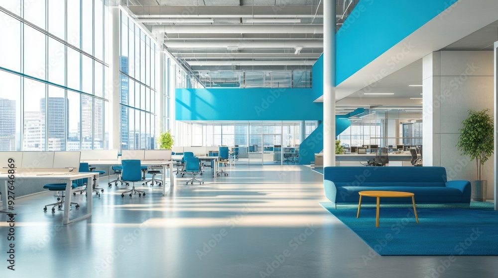 Modern office space with open workstations, blue accents, comfortable seating area, large windows, and a cityscape view, highlighting a bright and contemporary work environment.